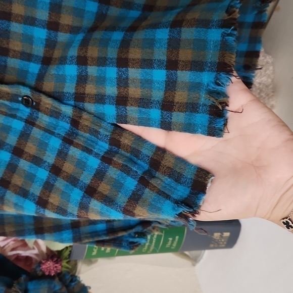 One 24 Rags Flannel Button Down Plaid Shirt Small Raw Hem Oversized Fall - Picture 5 of 12